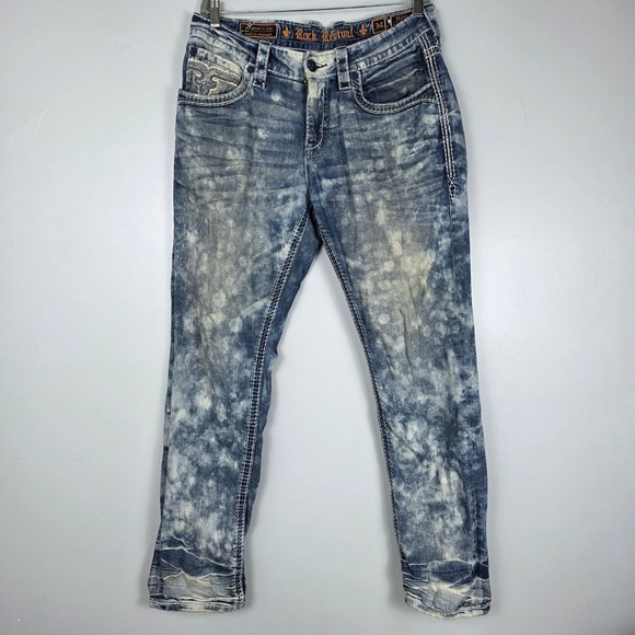 Rock Revival Valter Alt Straight Jeans Mens 38 Blue Wash Acid Punk Distressed